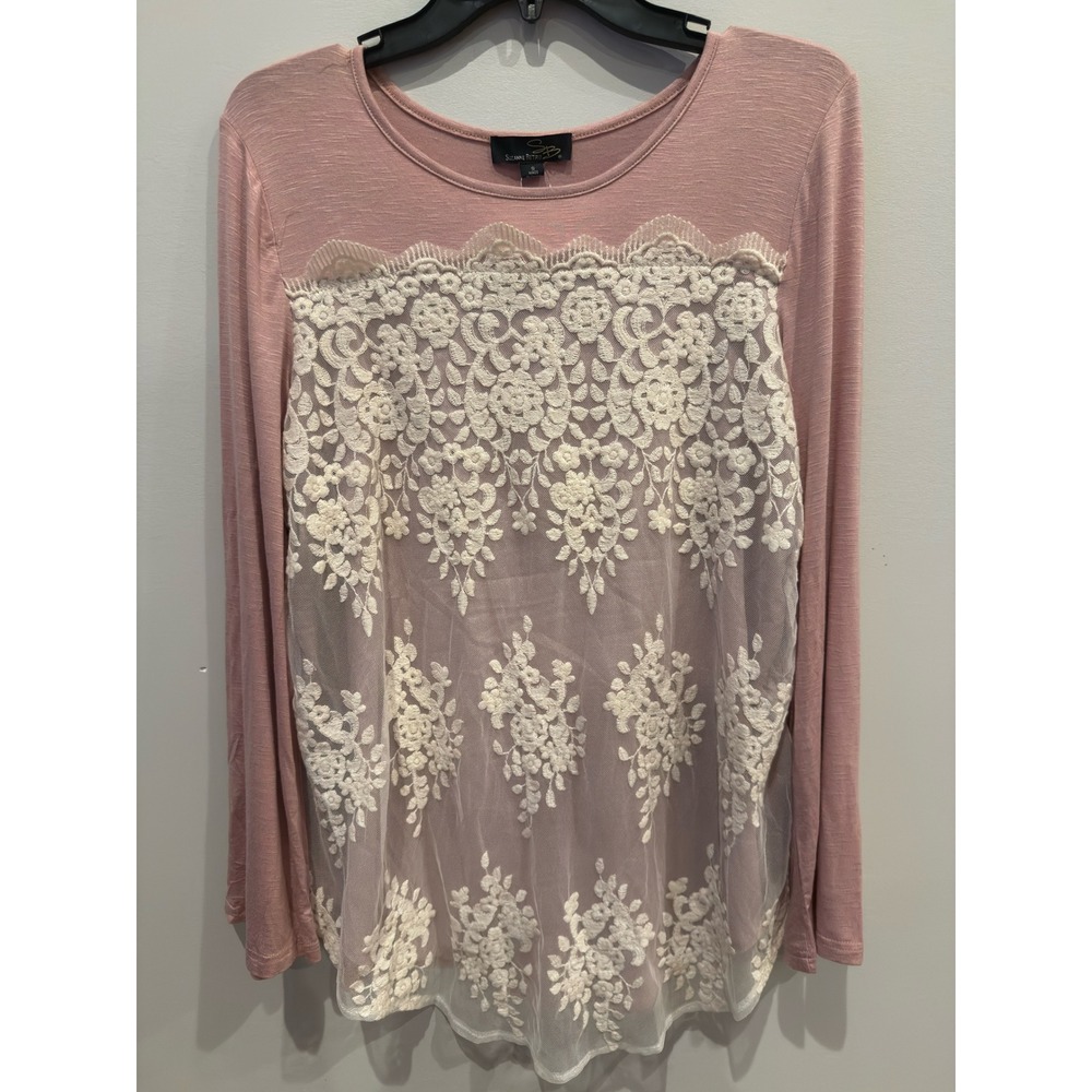 Suzanne Betro Dusty Rose Lace Front Bell Sleeve Tunic Top Small Pink U8602091